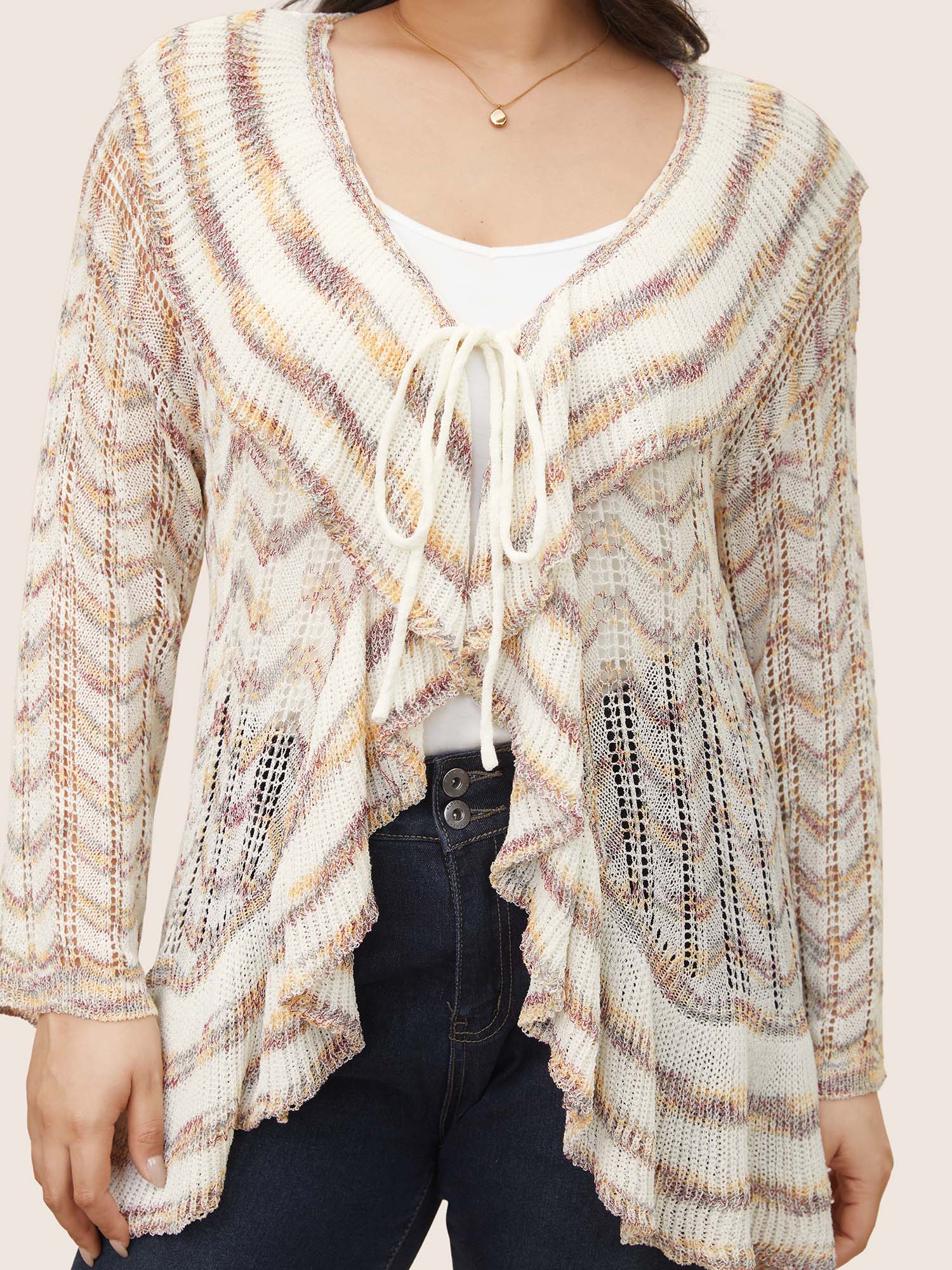 Ombre Heather Ruffle Trim Ties Front Cardigan