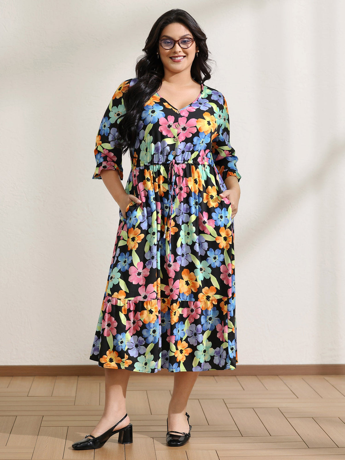 Floral Print Ruffled Drawstring Pockets Midi Dress