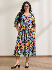 Floral Print Ruffled Drawstring Pockets Midi Dress