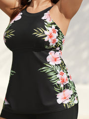 Side Floral Pattern Round Neck Swim Top
