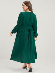 Solid Pocket Shirred Tie V Neck Ruffle Hem Dress