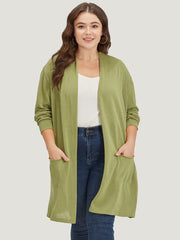 Solid Patched Pocket Open Front Tunic Cardigan