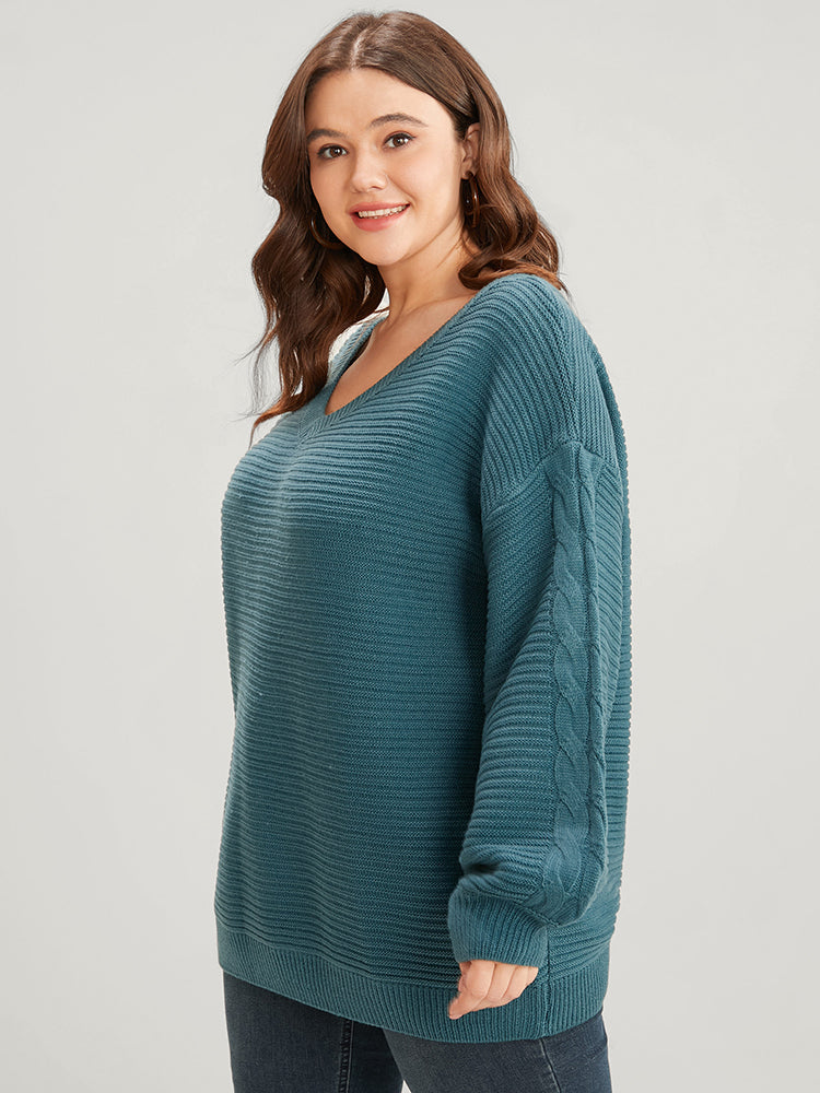 Solid Pointelle Knit V Neck Lantern Sleeve Cable Knit Top
