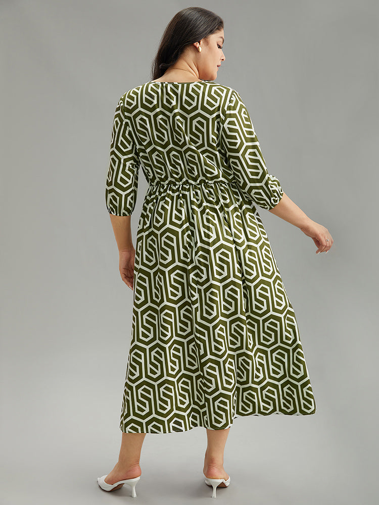 Geometric Print V Neck Shirred Dress