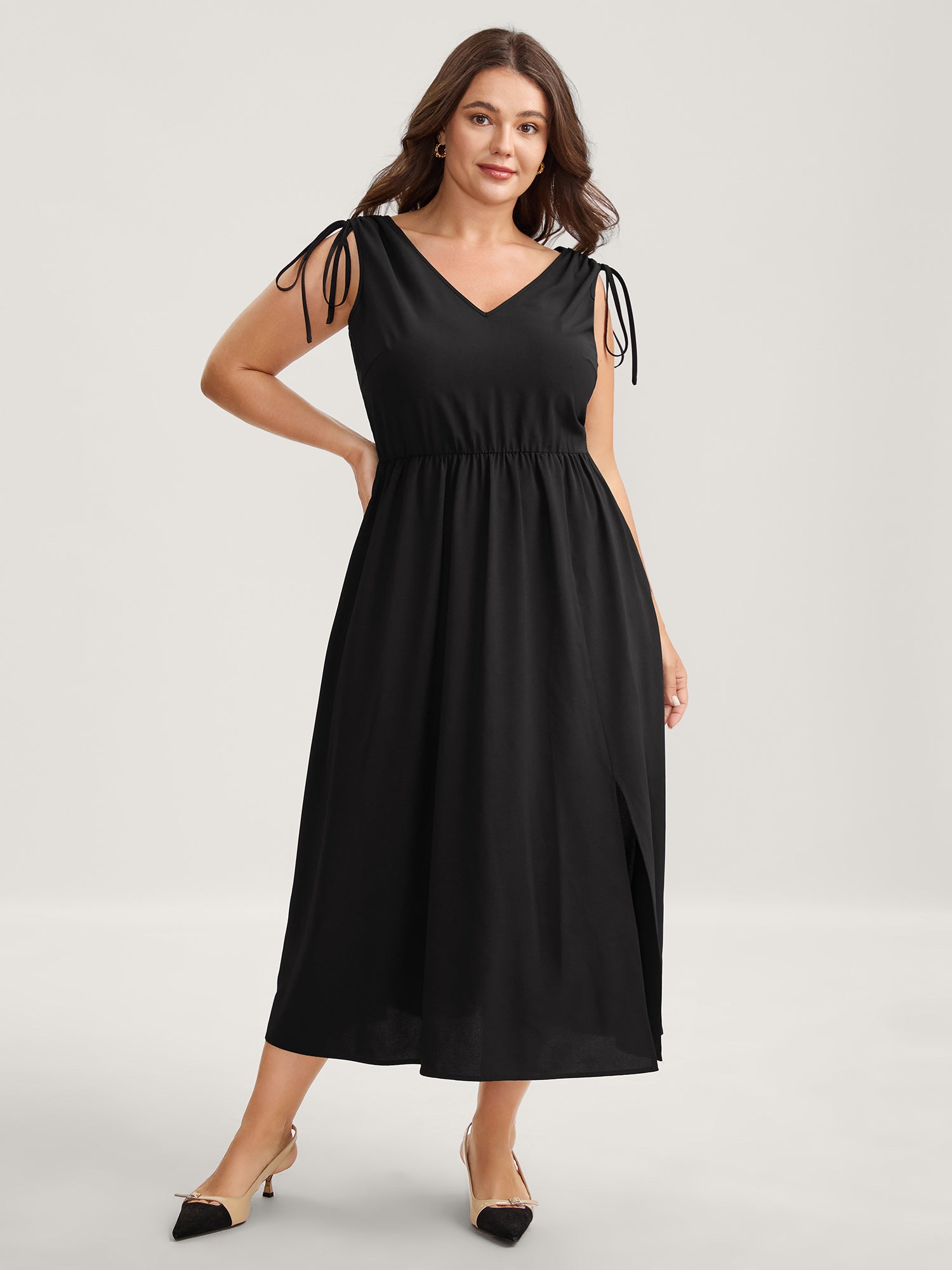 Shoulder Drawstring Slit Solid Midi Dress