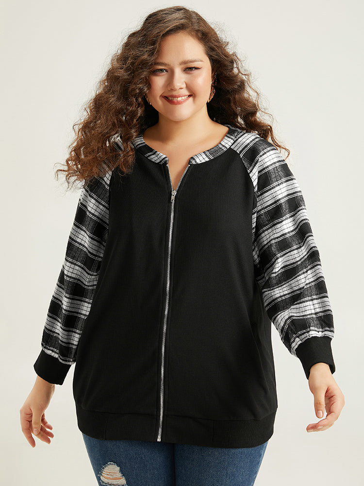 Plaid Patchwork Pocket Zipper Fly Jacket