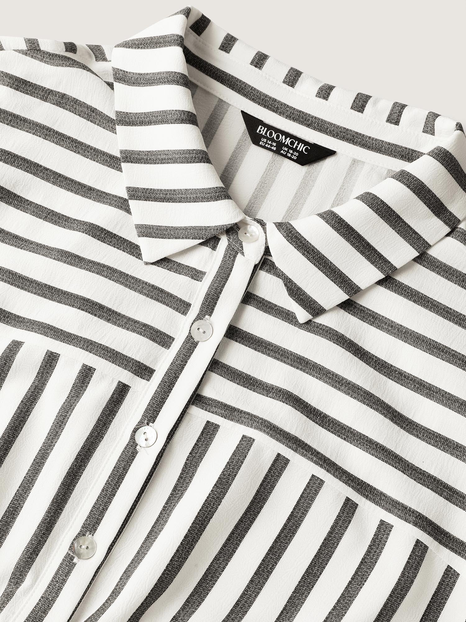 Striped Belted Cinched Button Placket Midi Dress