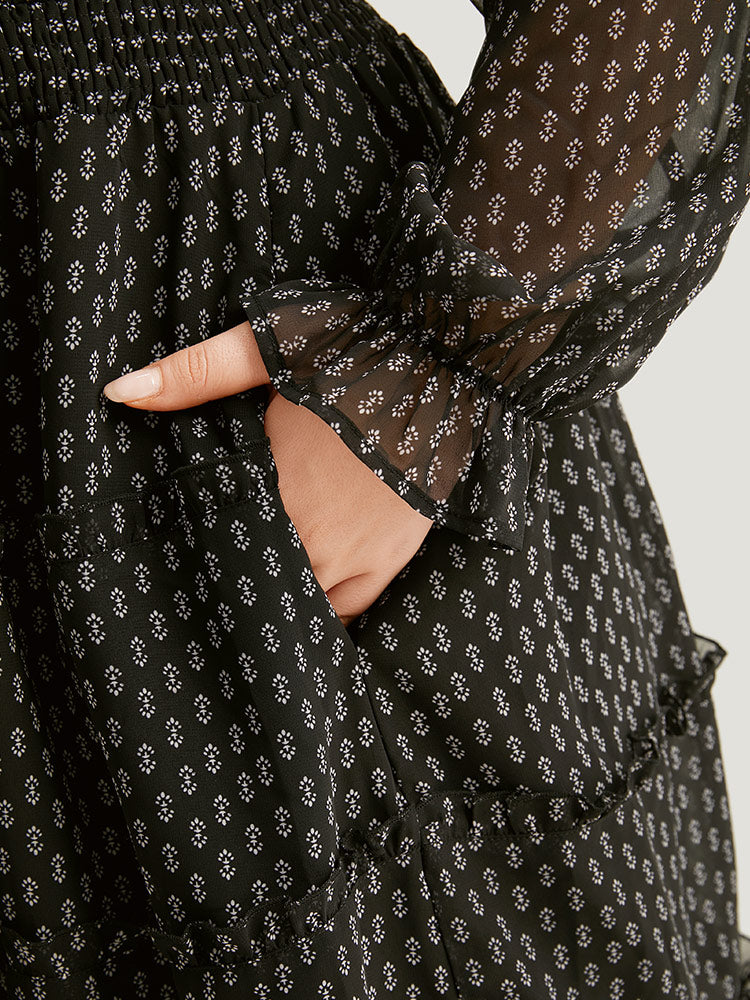 Geometric Shirred Mesh Frill Trim Dress