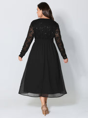 Sheer Lace V-Neck Shirred Waist Midi Dress