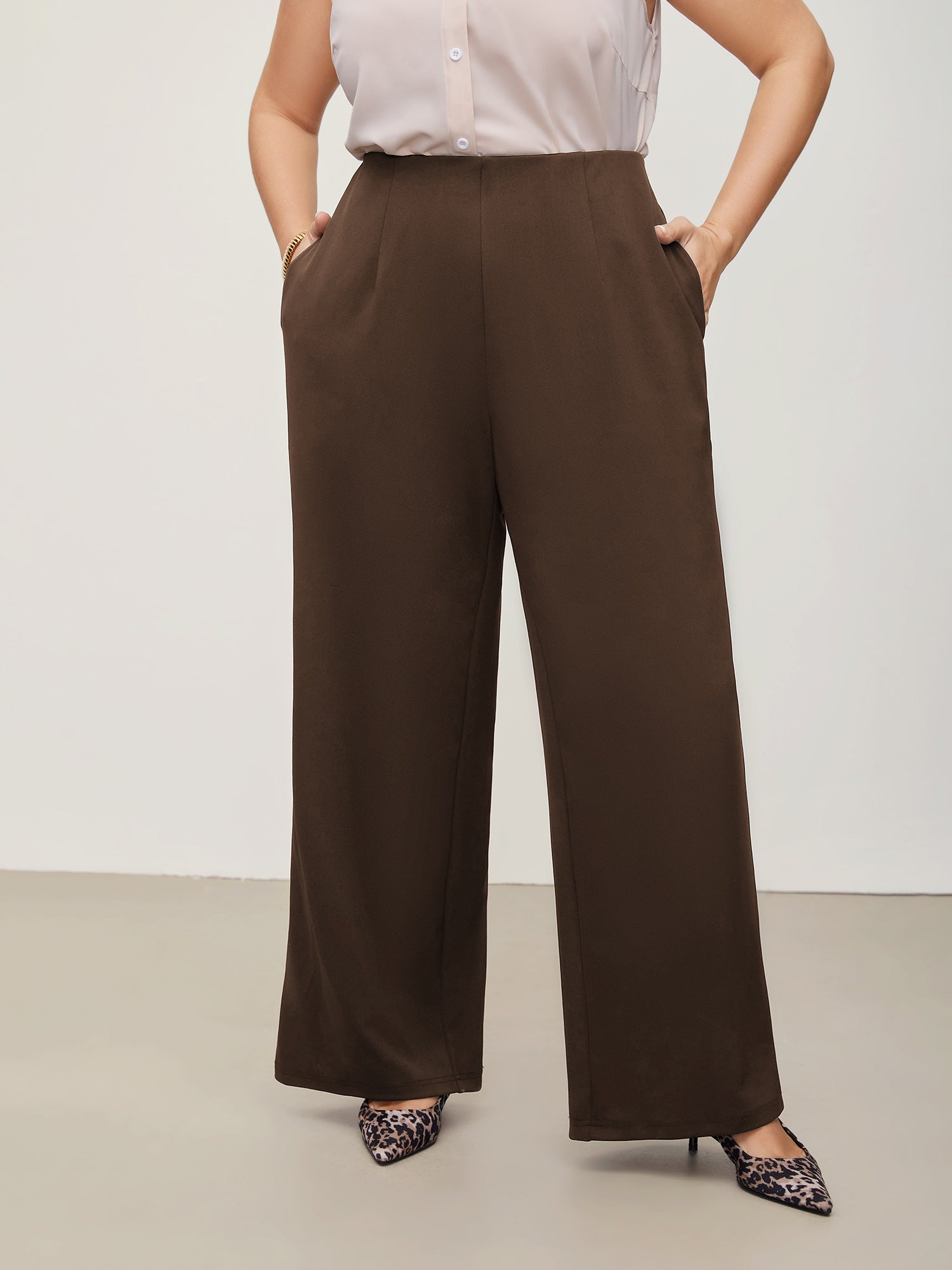 Solid Elastic Waist Pleated Wide Leg Pants
