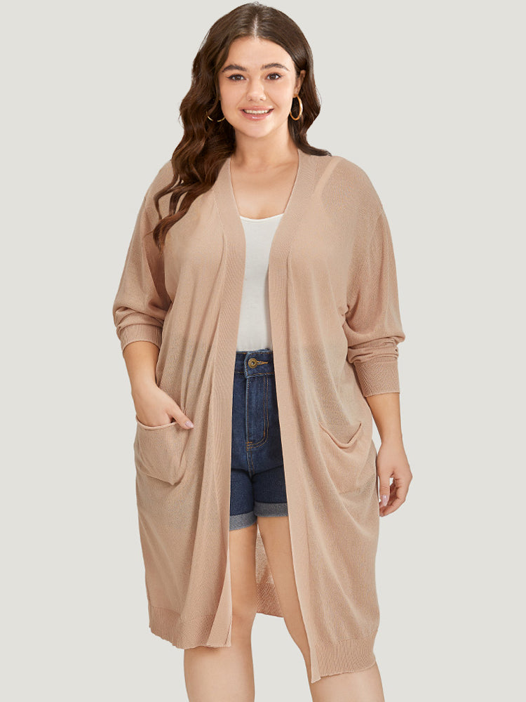 Solid Patched Pocket Open Front Breathable Maxi Cardigan