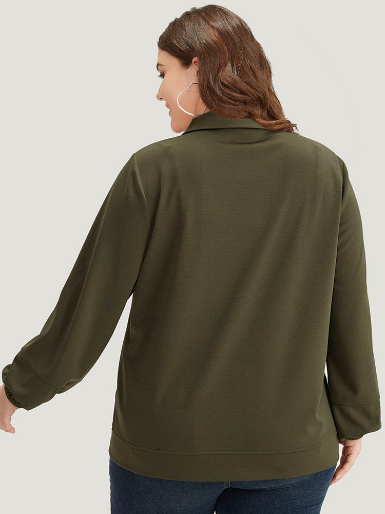 Plain Slant Pocket Button Up Elastic Cuffs Jacket