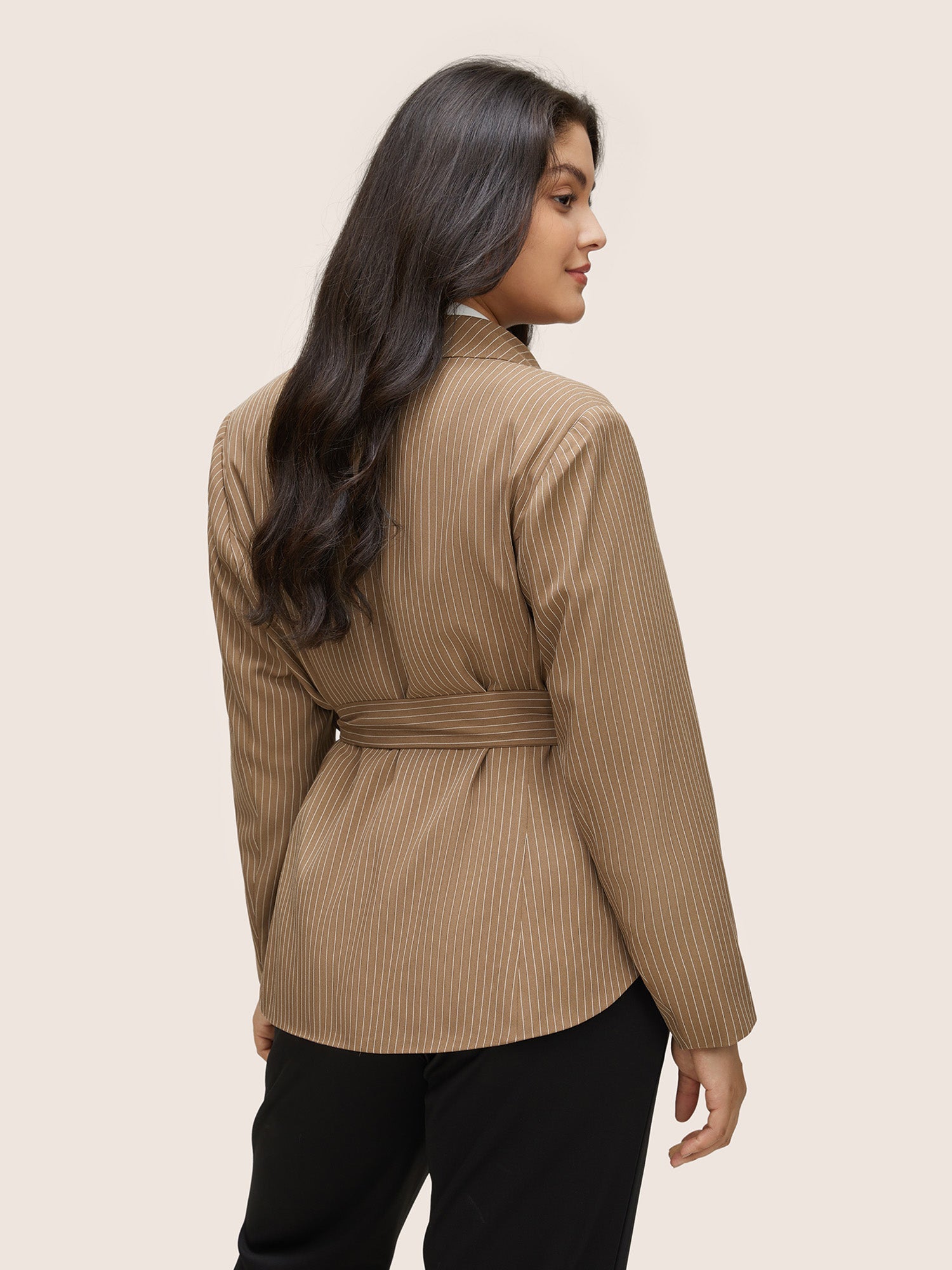 Striped Asymmetrical Hem Belted Flap Pocket Blazer