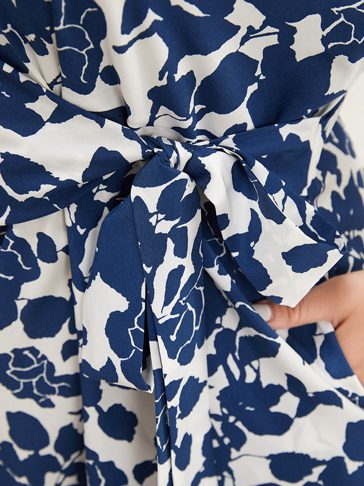 Floral Print Batwing Sleeve Pocket Knot Side Dress