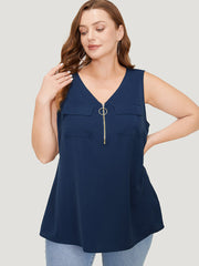 Solid Half Zipper Flap Detail Tank Top