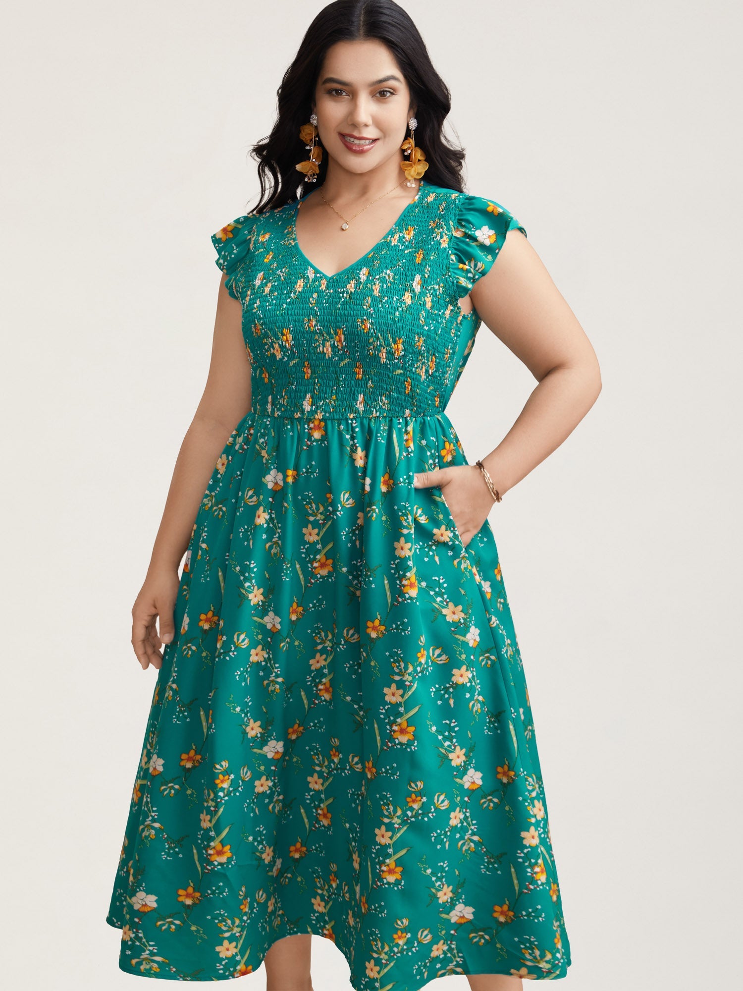 Shirred Printed Flutter Sleeve Pockets Maxi Dress