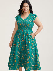 Shirred Printed Flutter Sleeve Pockets Maxi Dress