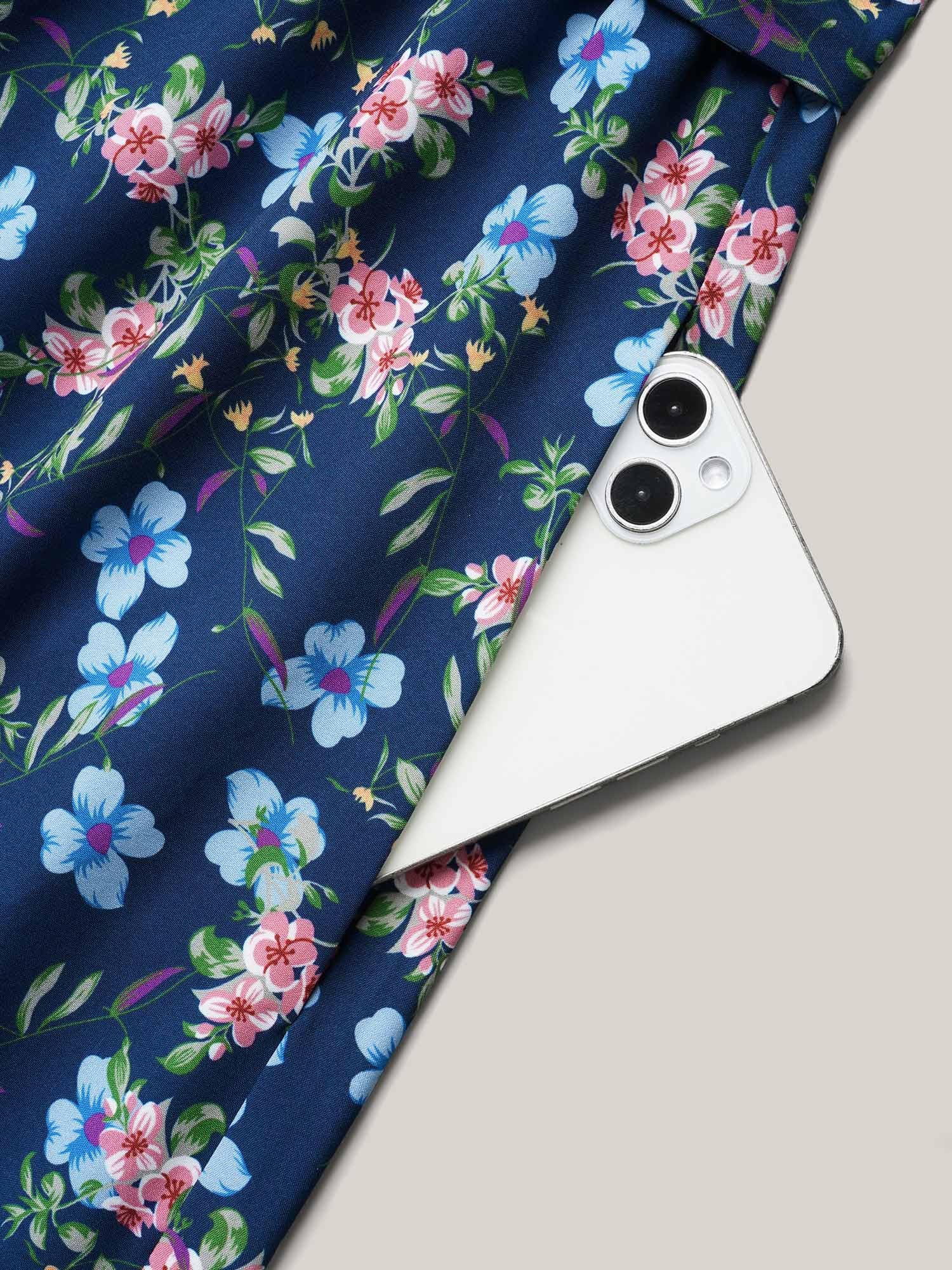 Floral Print Belted Stretchy Waist Midi Dress