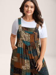 Vintage Boho Collage Overall Straps Jumpsuit