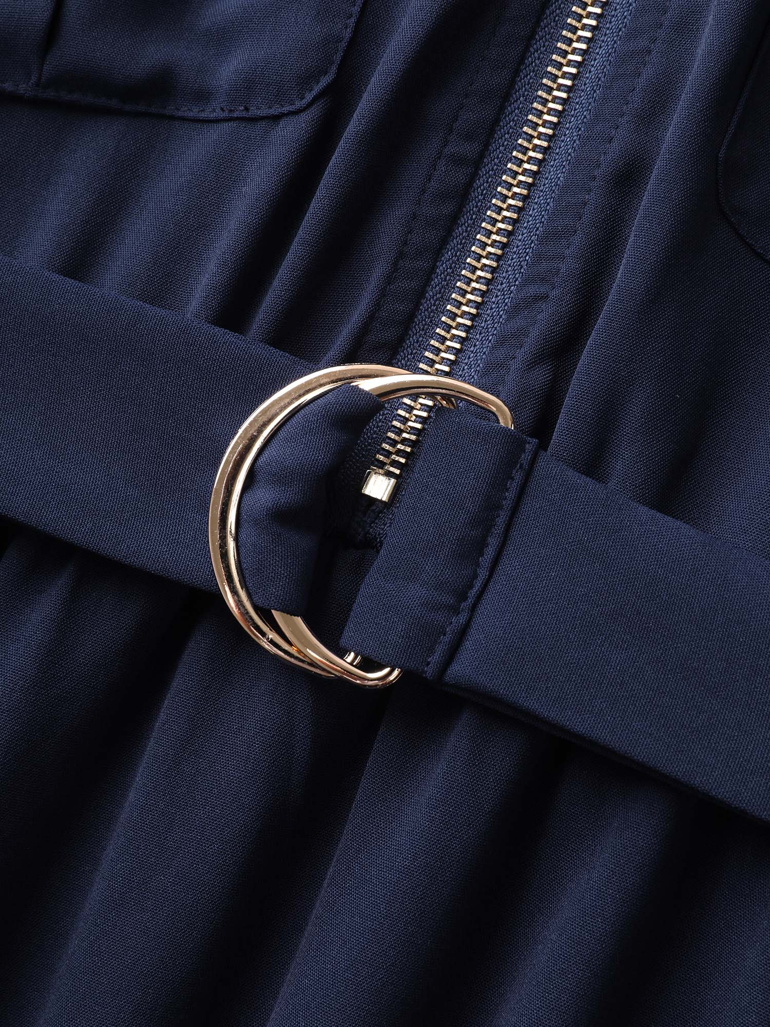 Half Zipper Pockets Belted Midi Dress