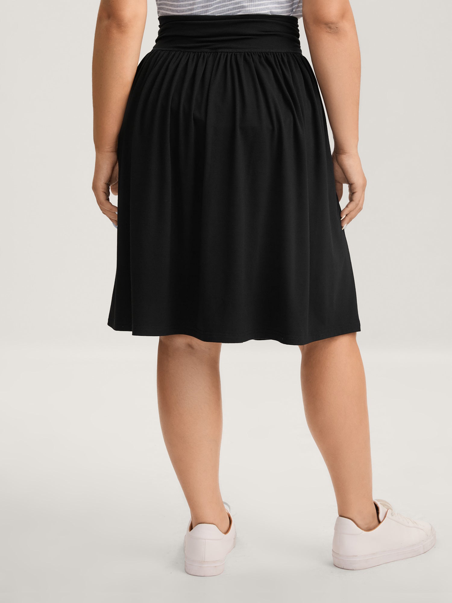 Ruched Waist Flowy Solid Midi Skirt