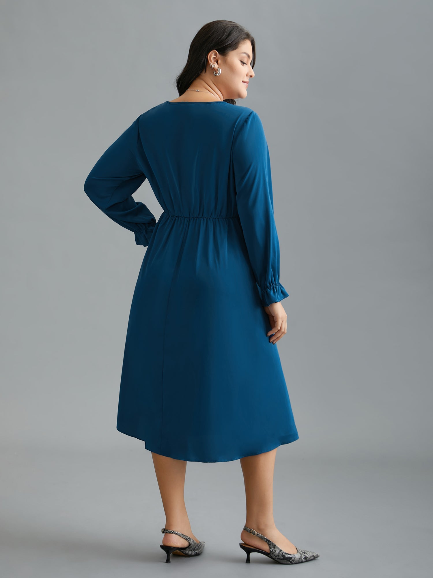 Ruffle Cuff Elastic Waist Split Hem Dress