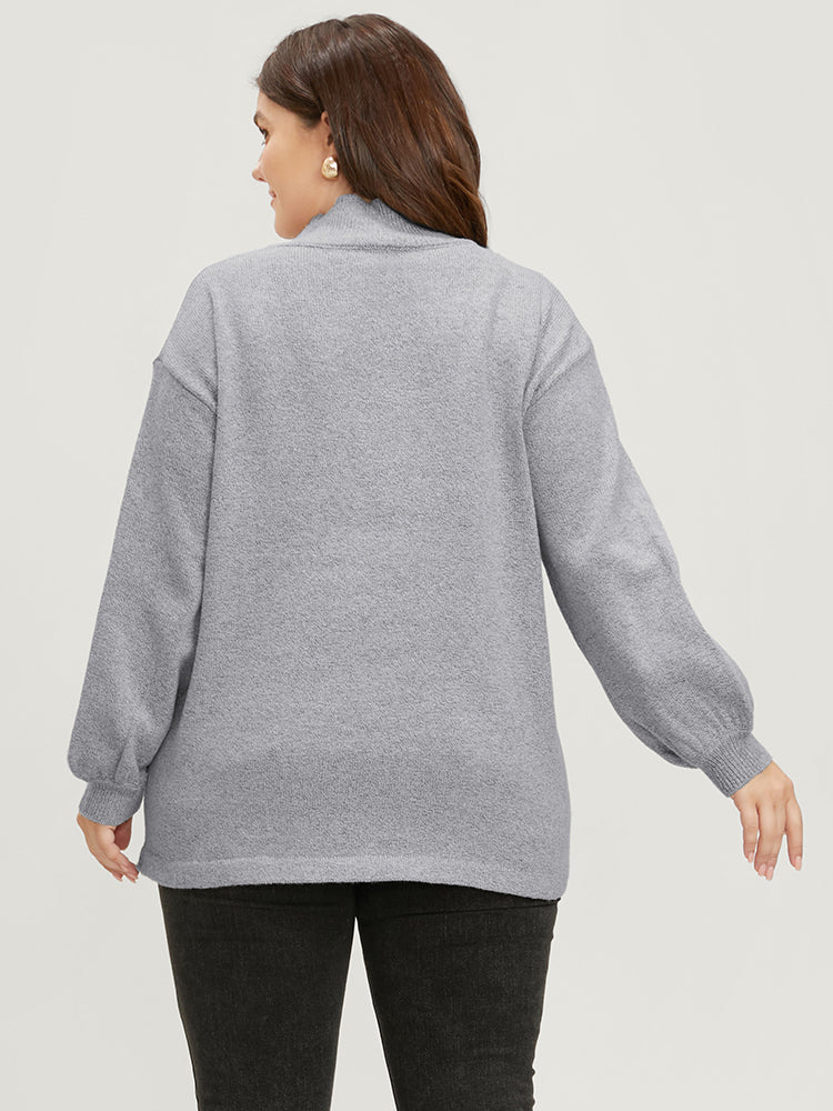 Solid Pointelle Knit Lantern Sleeve Mock Neck Heather Knit Top