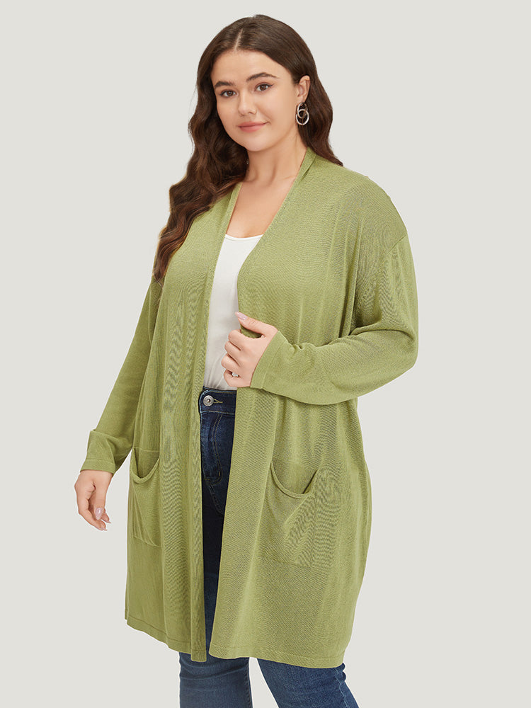 Solid Patched Pocket Open Front Tunic Cardigan