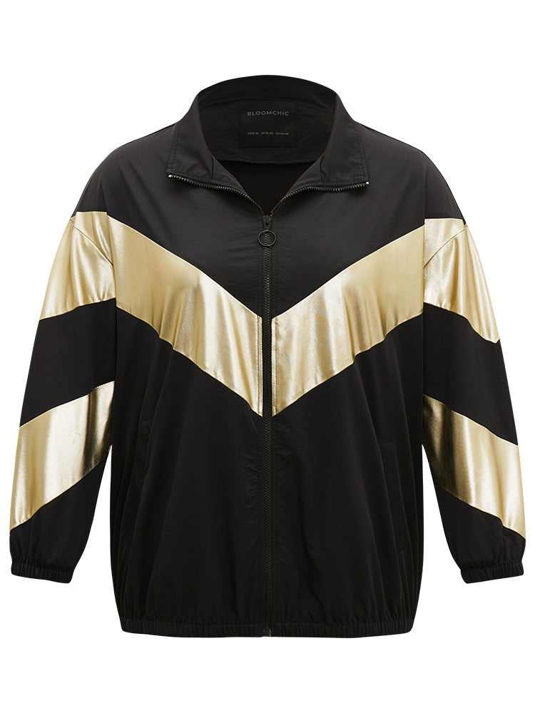 Geometric Patchwork Contrast Zipper Jacket