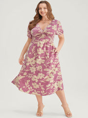 Floral Print Twist Front Puff Sleeve Pocket Ruffles Dress