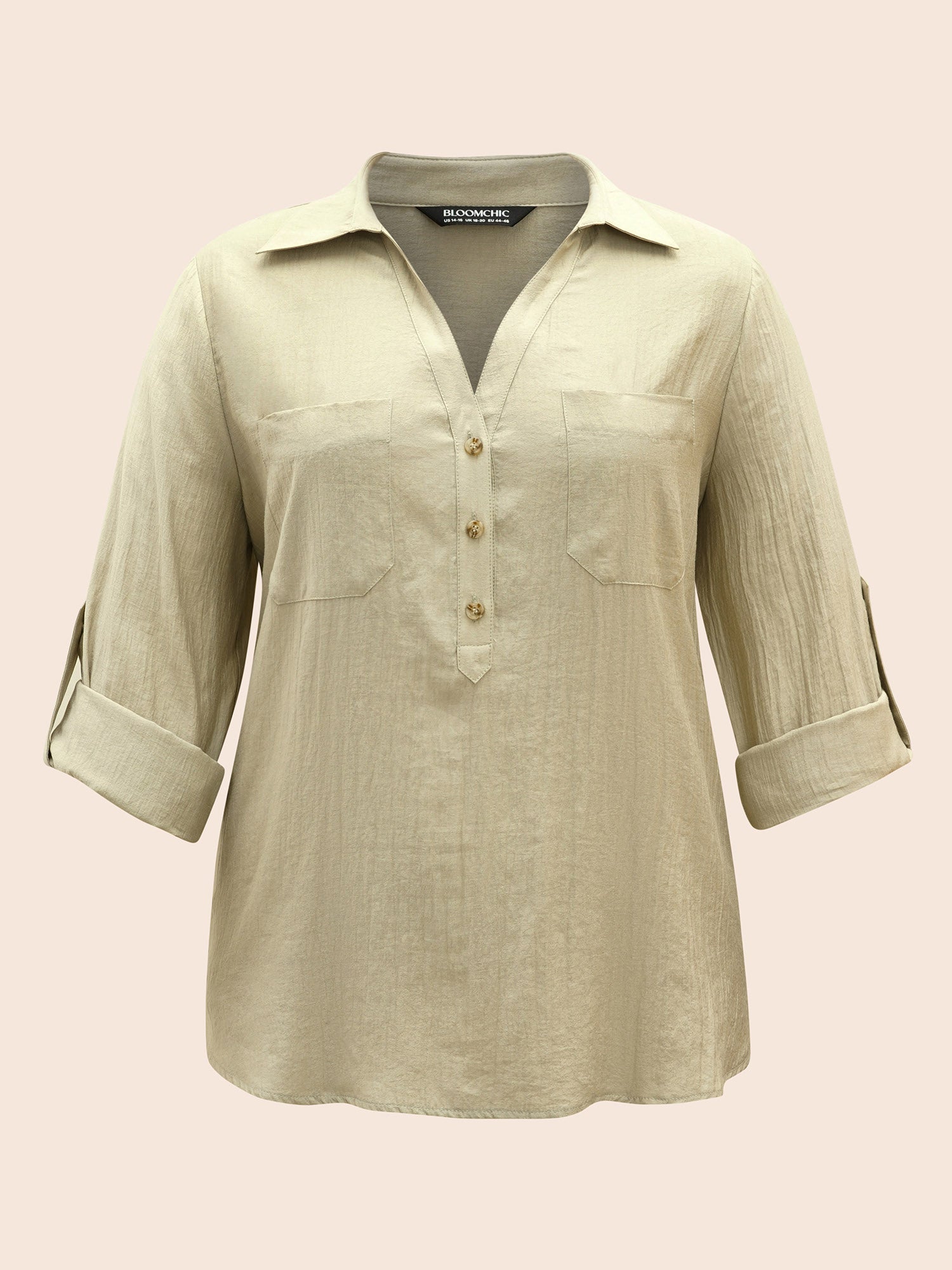 Solid Patched Pocket Tab Sleeve Blouse