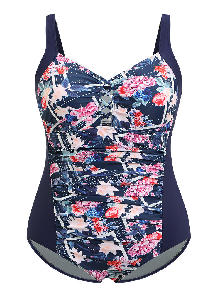 Floral Crisscross Front Ruched Sculpt Waist One Piece Swimsuit
