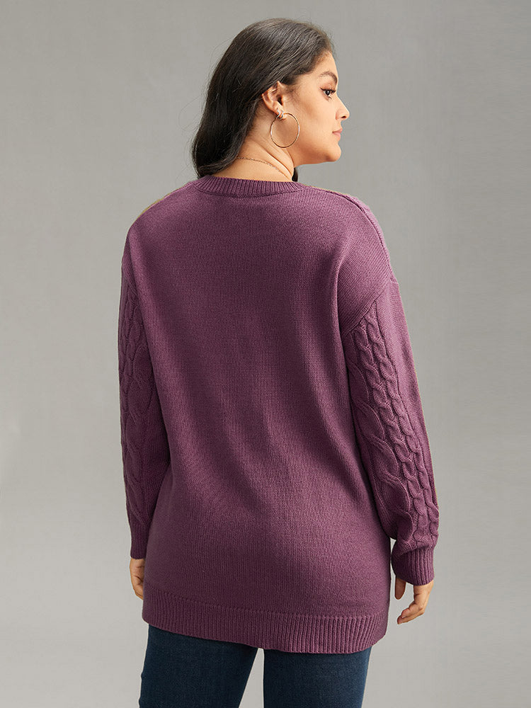 Solid Cable Knit V Neck Split Side Pullover