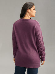 Solid Cable Knit V Neck Split Side Pullover