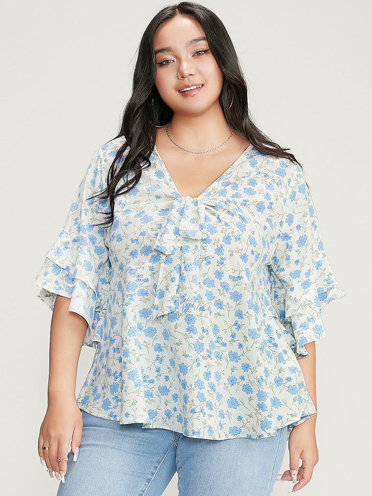 Floral Printed Knotted Front V Neck Ruffle Sleeve Blouse