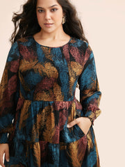 Feather Print Shirred Lantern Sleeve Dress