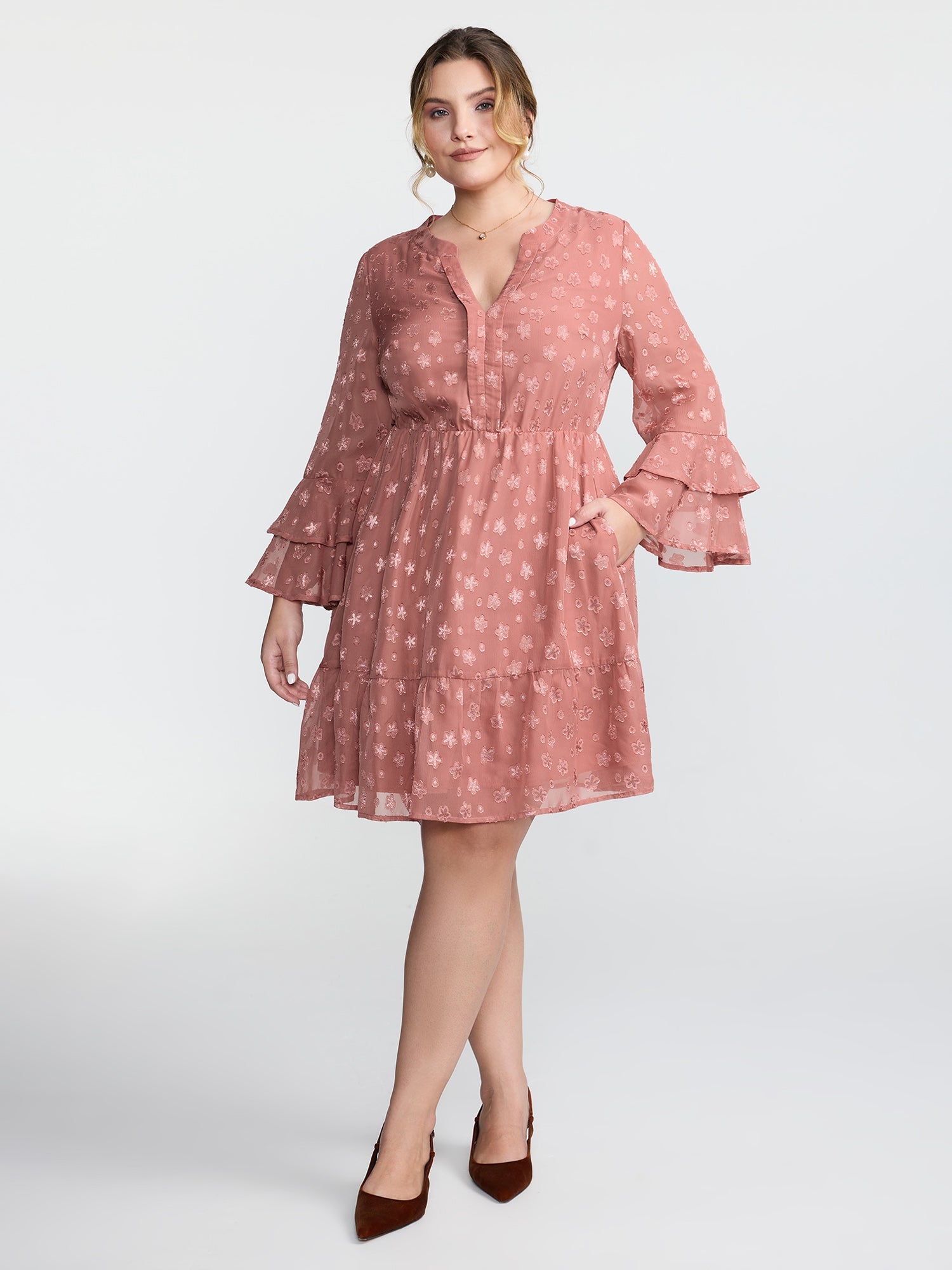 Floral Textured Layered Sleeve Sheer Mini Dress