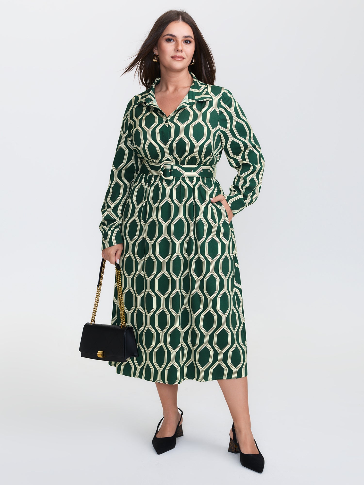 Geometric Print Rayon Belted Maxi Dress