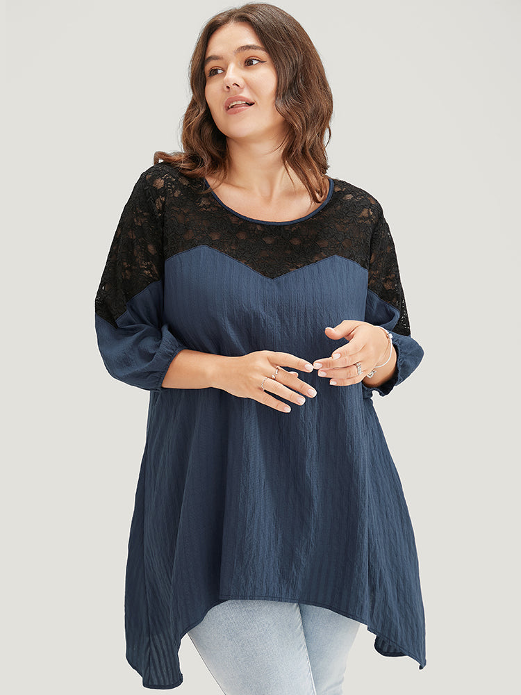 Plain Contrast Lace Asymmetrical Lantern Sleeve Blouse
