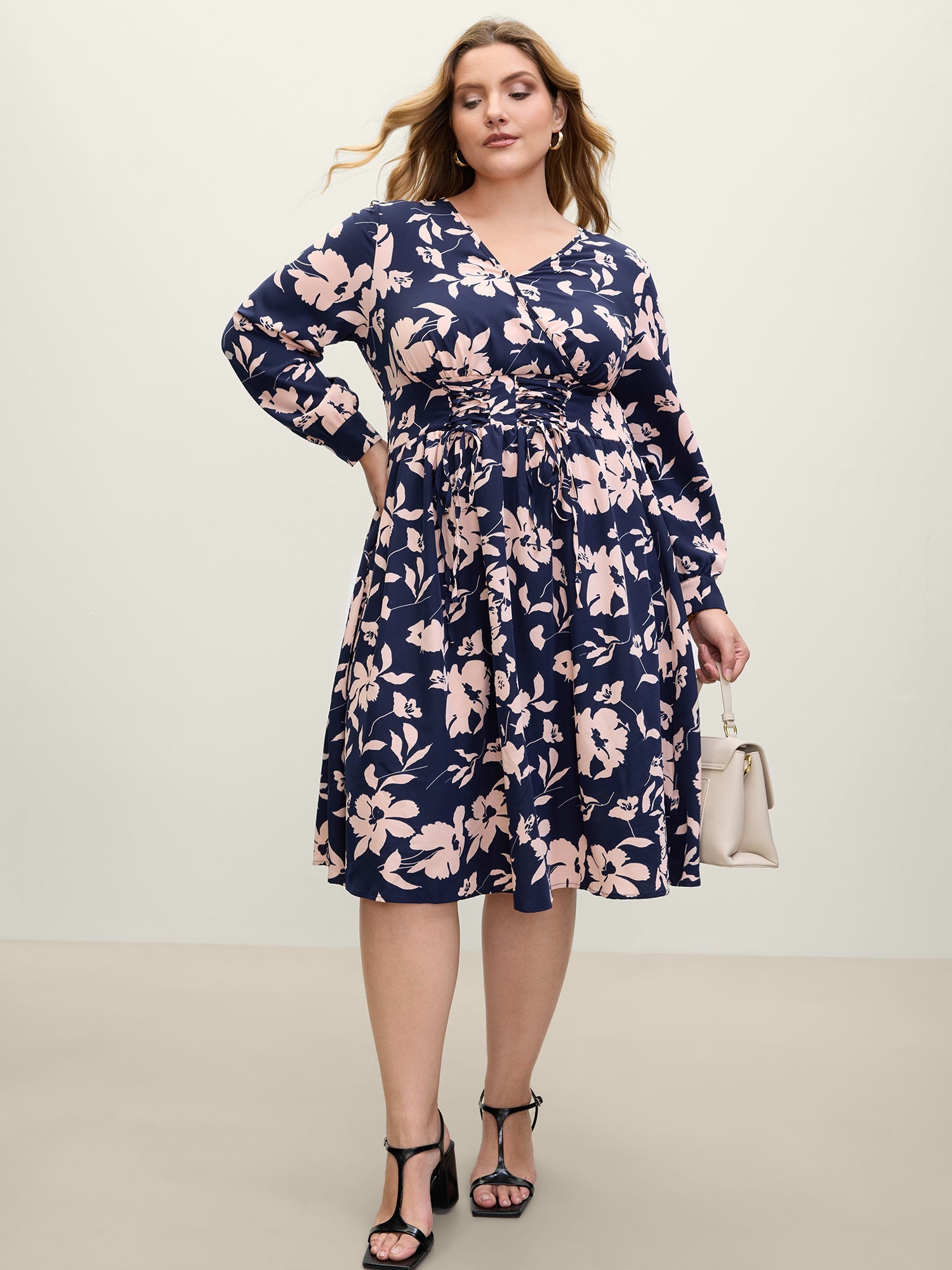 Floral Print Cross-Straps Shirred Midi Dress