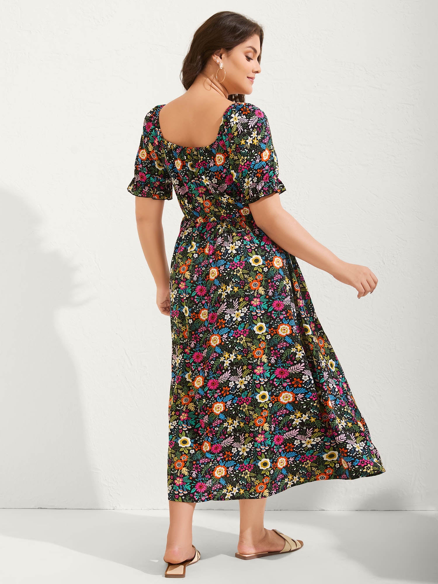 Shirred Stretchy Waist Floral Midi Dress