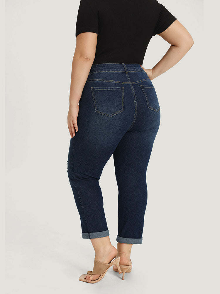 Solid Ripped Pocket Roll Hem Jeans