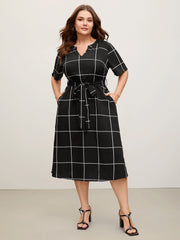 Checkered Print Belted Pockets Midi Dress