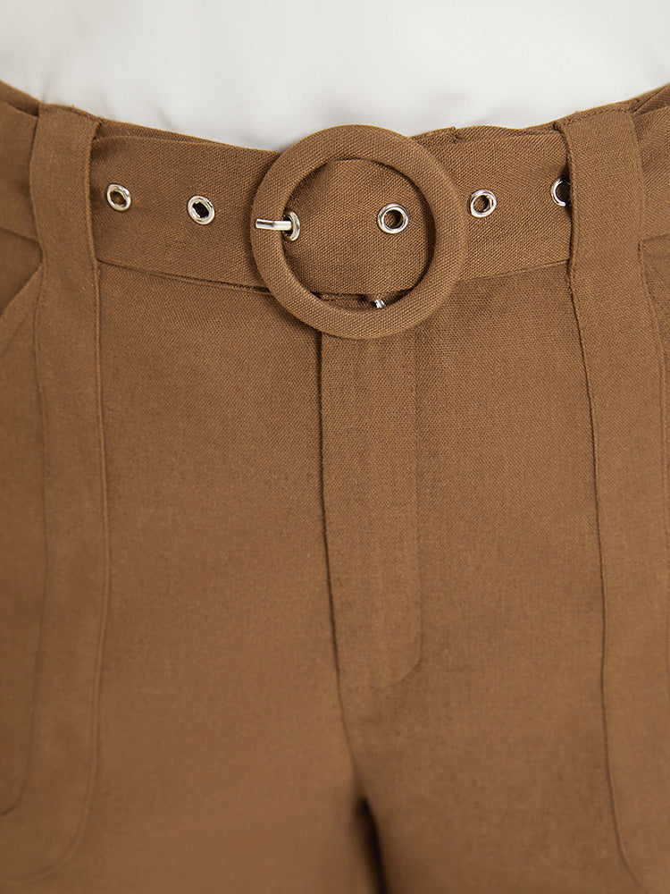 Solid Pocket Belted Roll Hem High Rise Shorts