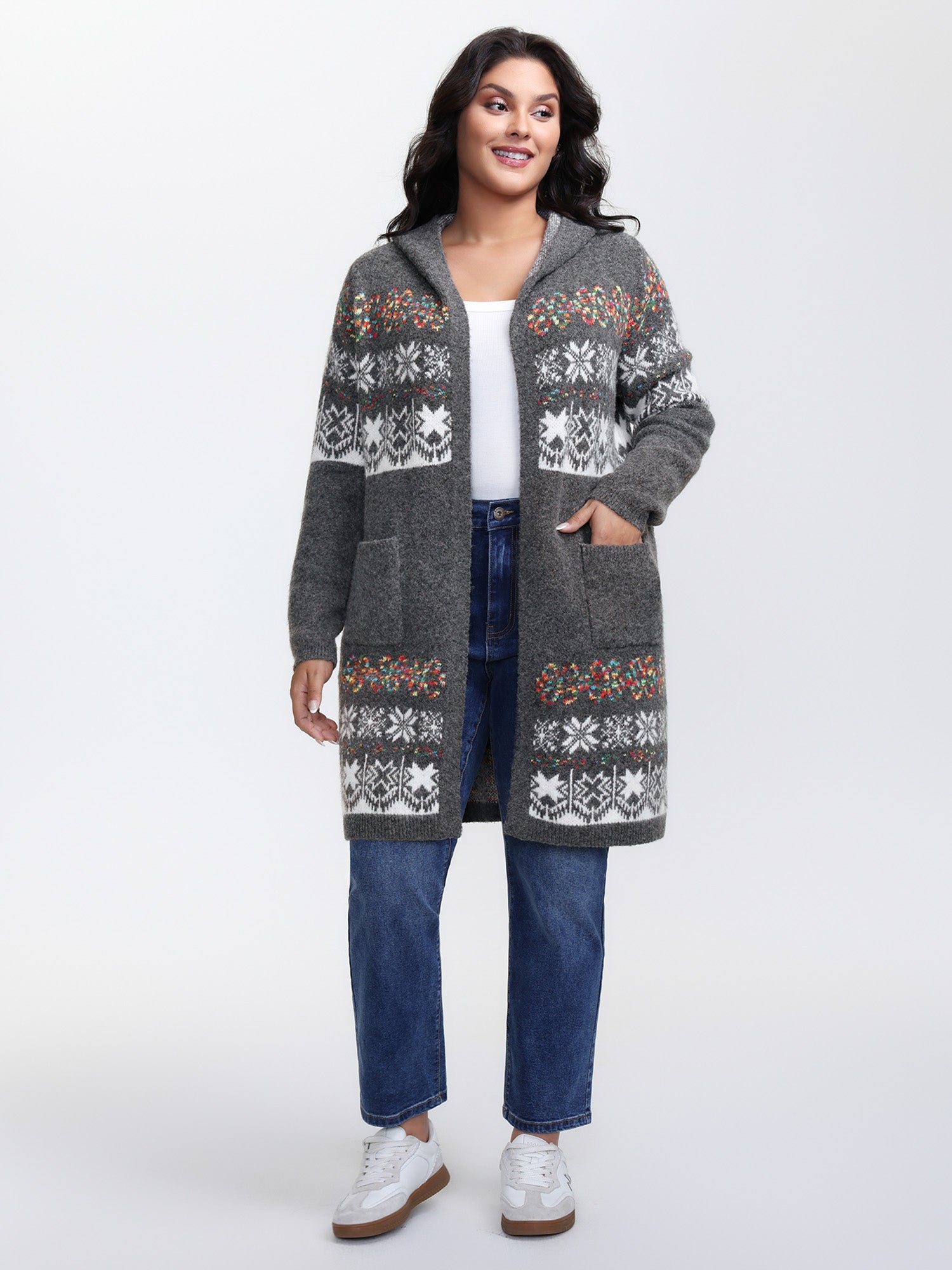 Boho Print Jacquard Hooded Knit Cardigan