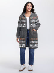 Boho Print Jacquard Hooded Knit Cardigan