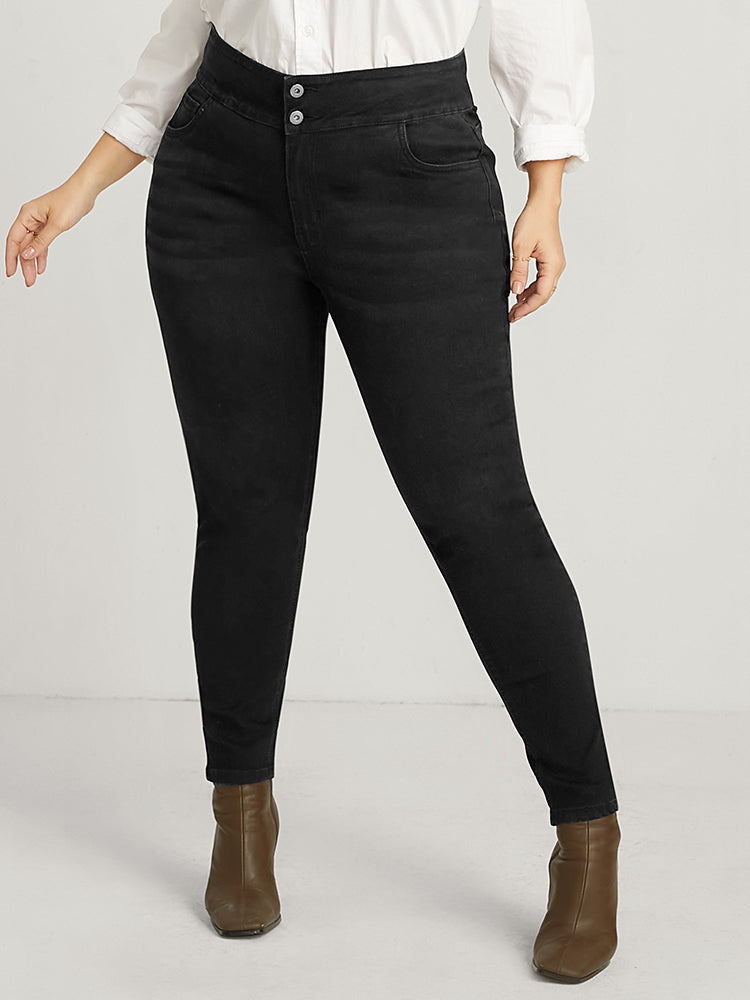 Skinny Slightly Stretchy High Rise Black Wash Double Button Jeans