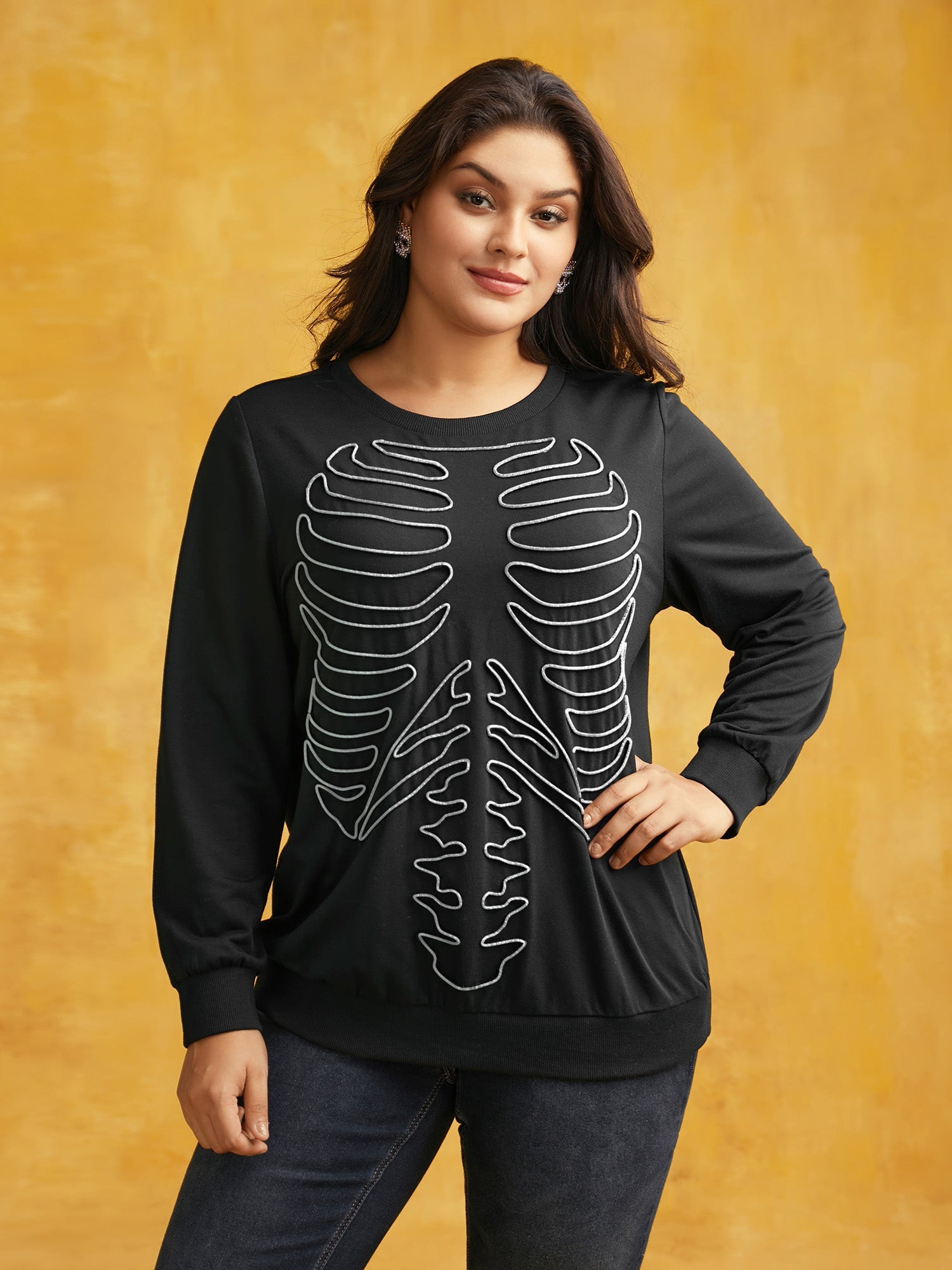 Skeleton Embroidered Crew Neck Sweatshirt