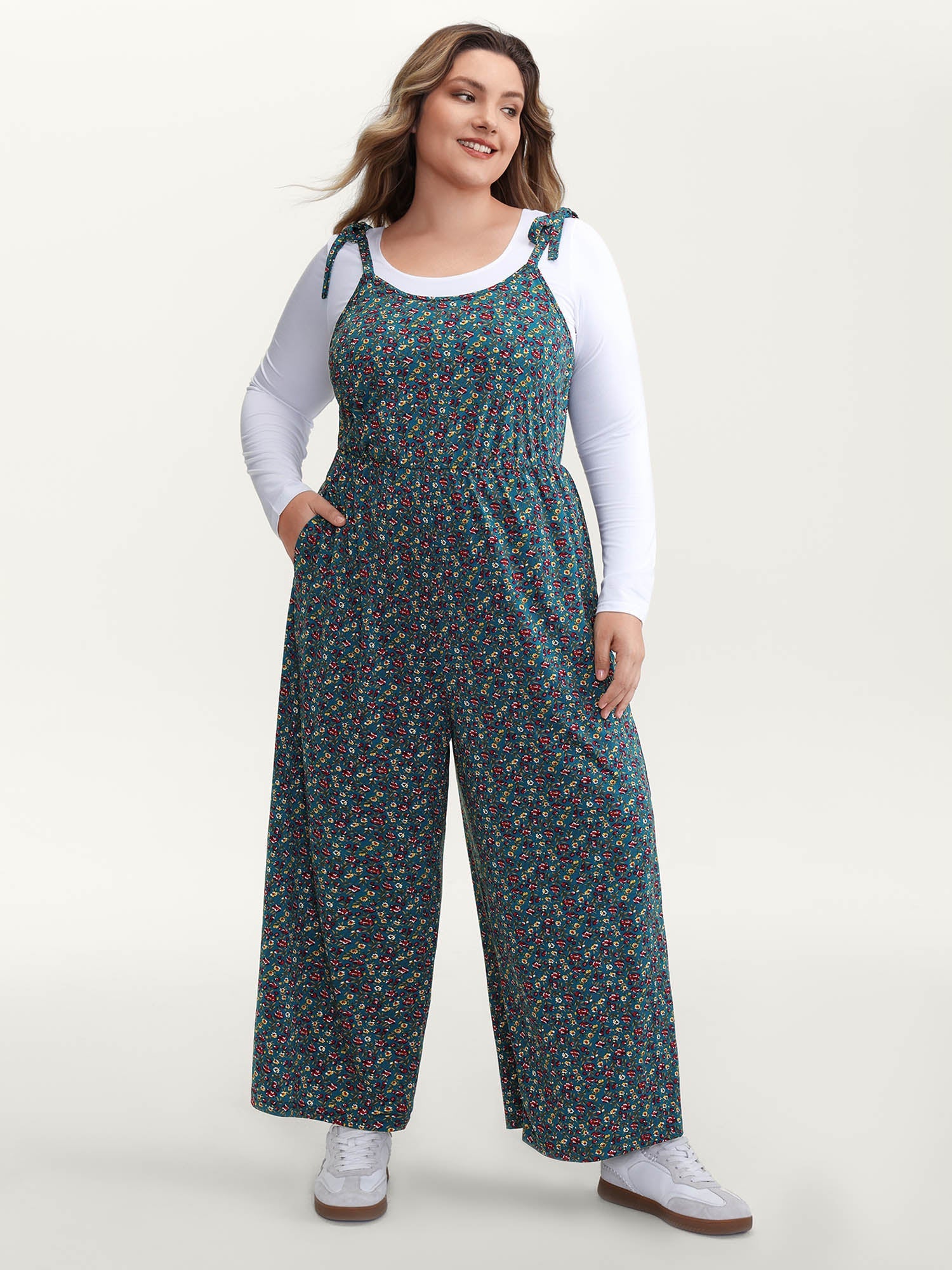 Stretchy Shoulder-Tie Floral Jumpsuit
