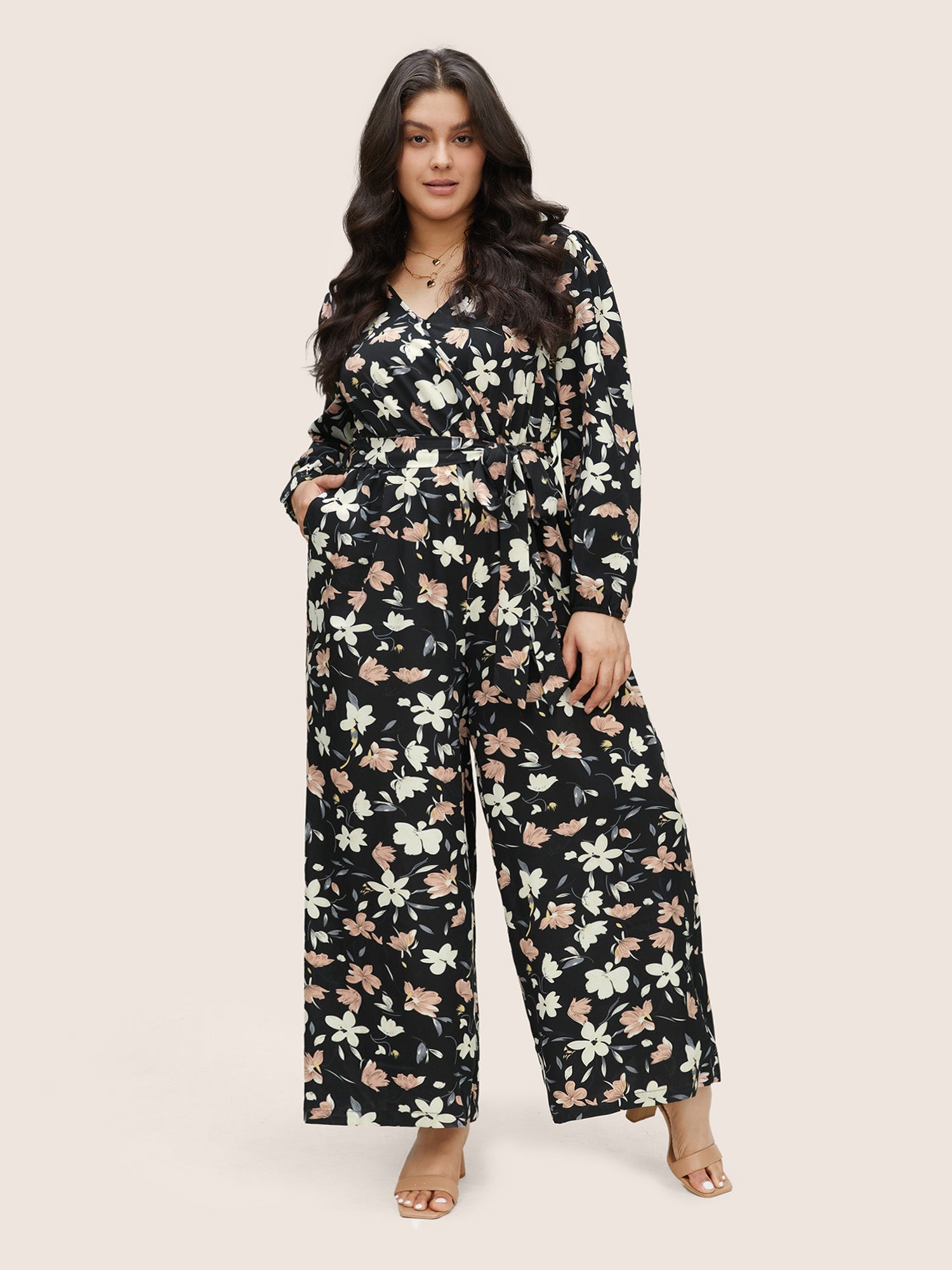 Floral Elastic Waist Belted Wrap Jumpsuit